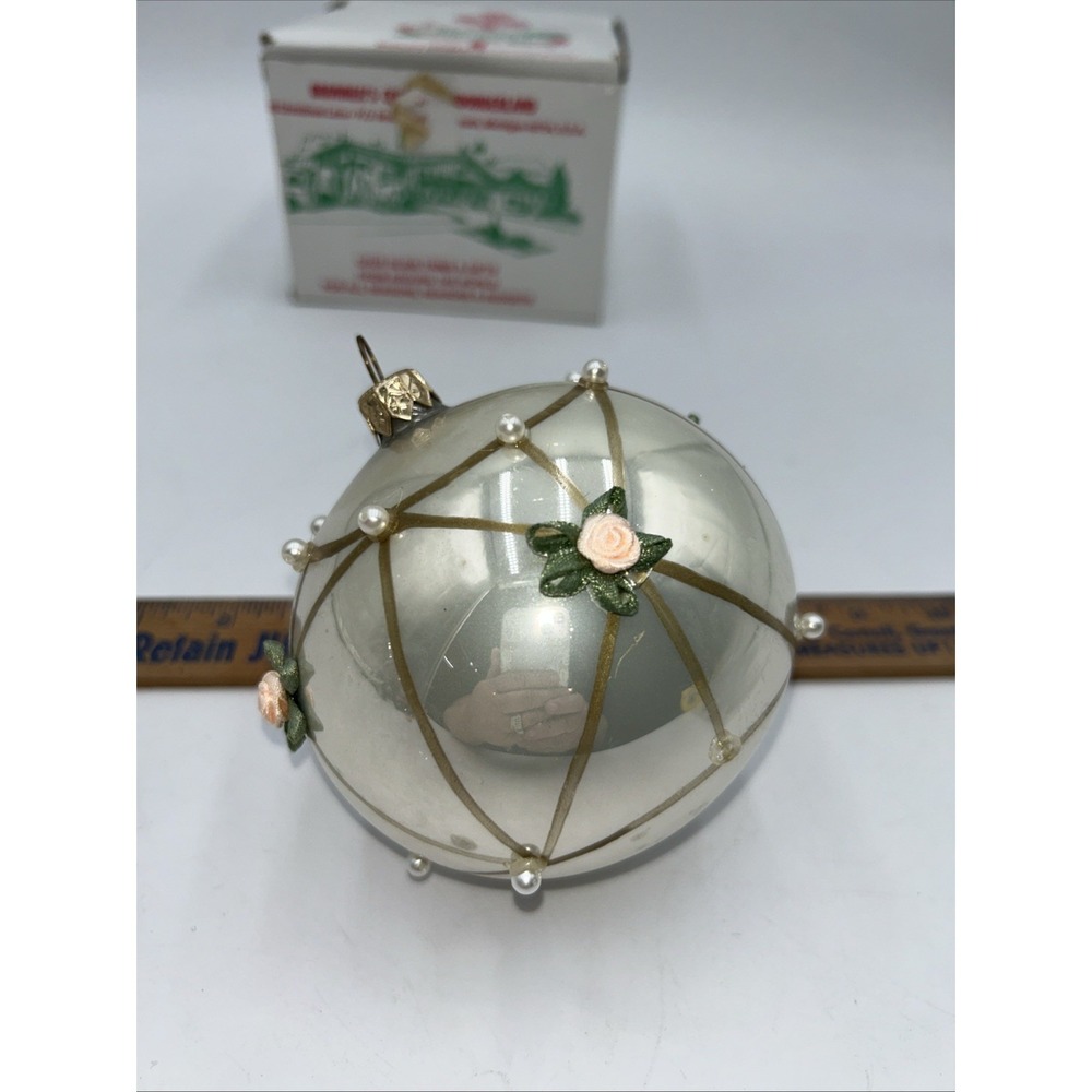 Vintage Bronner's Glass Christmas Ornament Pink Satin Flowerette Pearl Push Pin